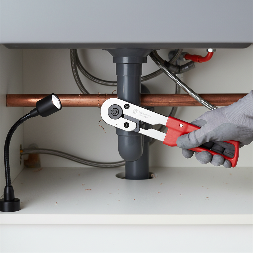 Compact tube cutter cutting copper pipe in a tight under-sink space
