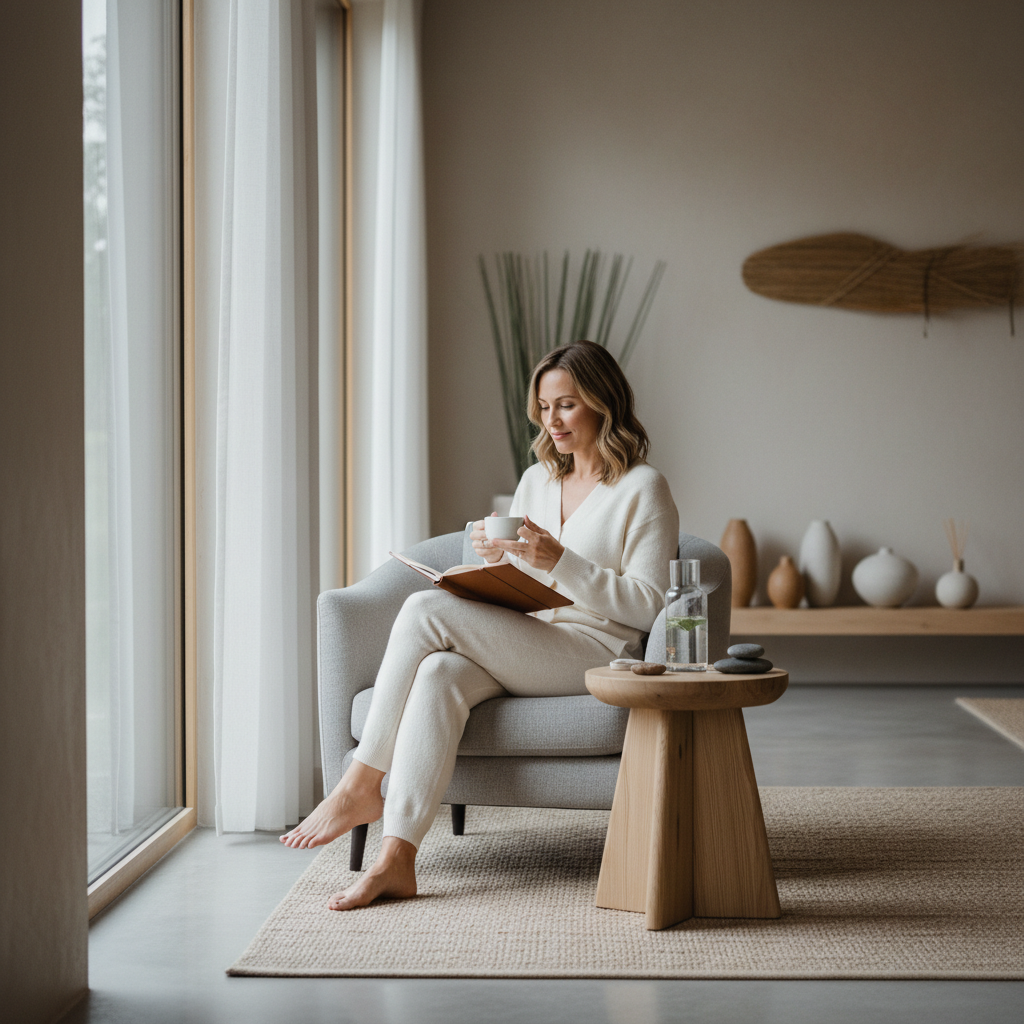 Guest journaling in a quiet spa lounge during a luxury retreat