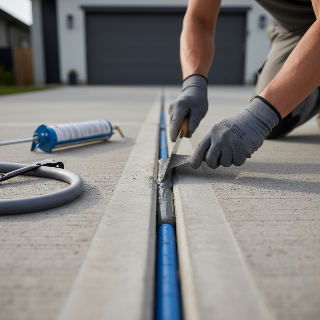 Concrete expansion joint repair with joint filler tool and clean edges
