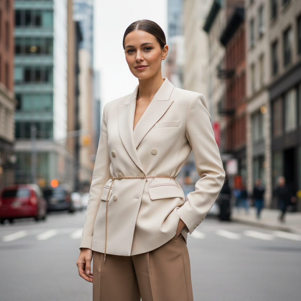 Chain belt styling on a blazer and high-waisted trousers for a polished look