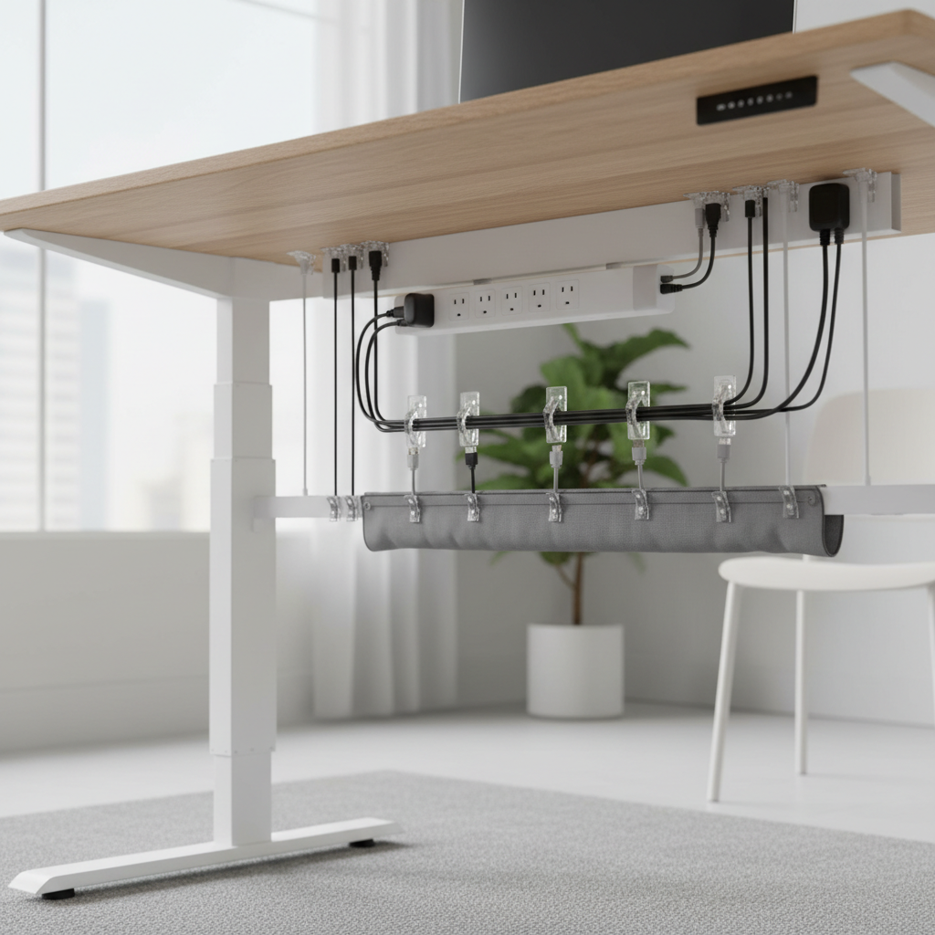 Clear adhesive wire clips routing charging cables under a standing desk