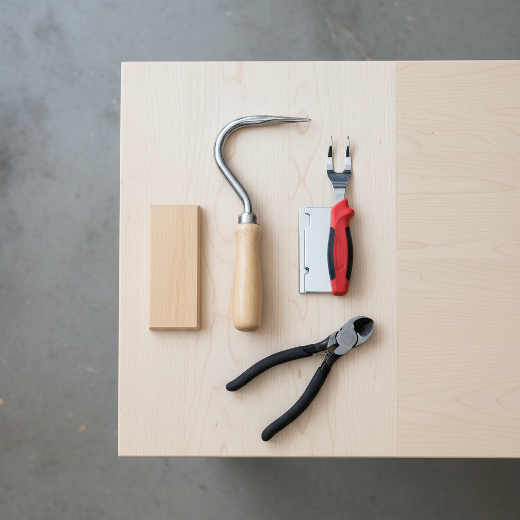 Different upholstery tack remover and staple puller tool styles on a workbench