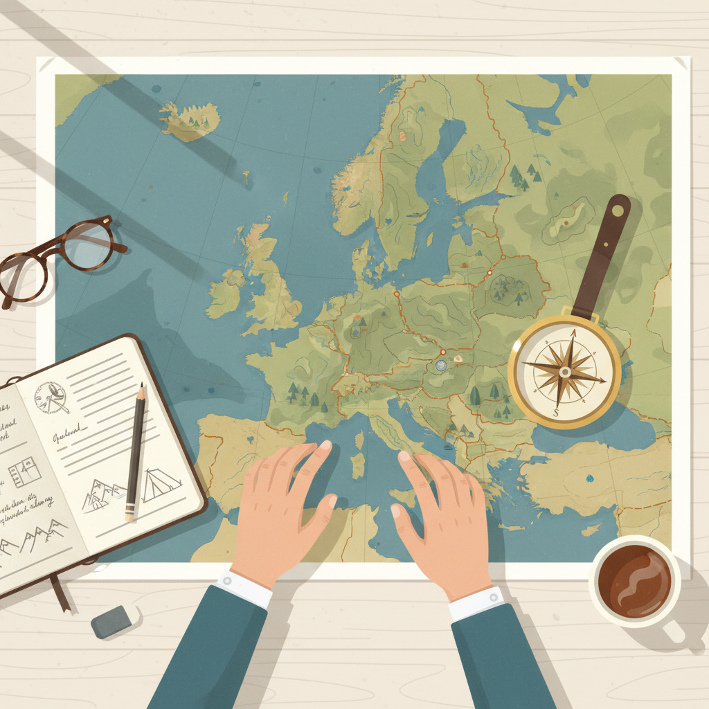 Map-style view of Europe and the UK for wild camping route planning