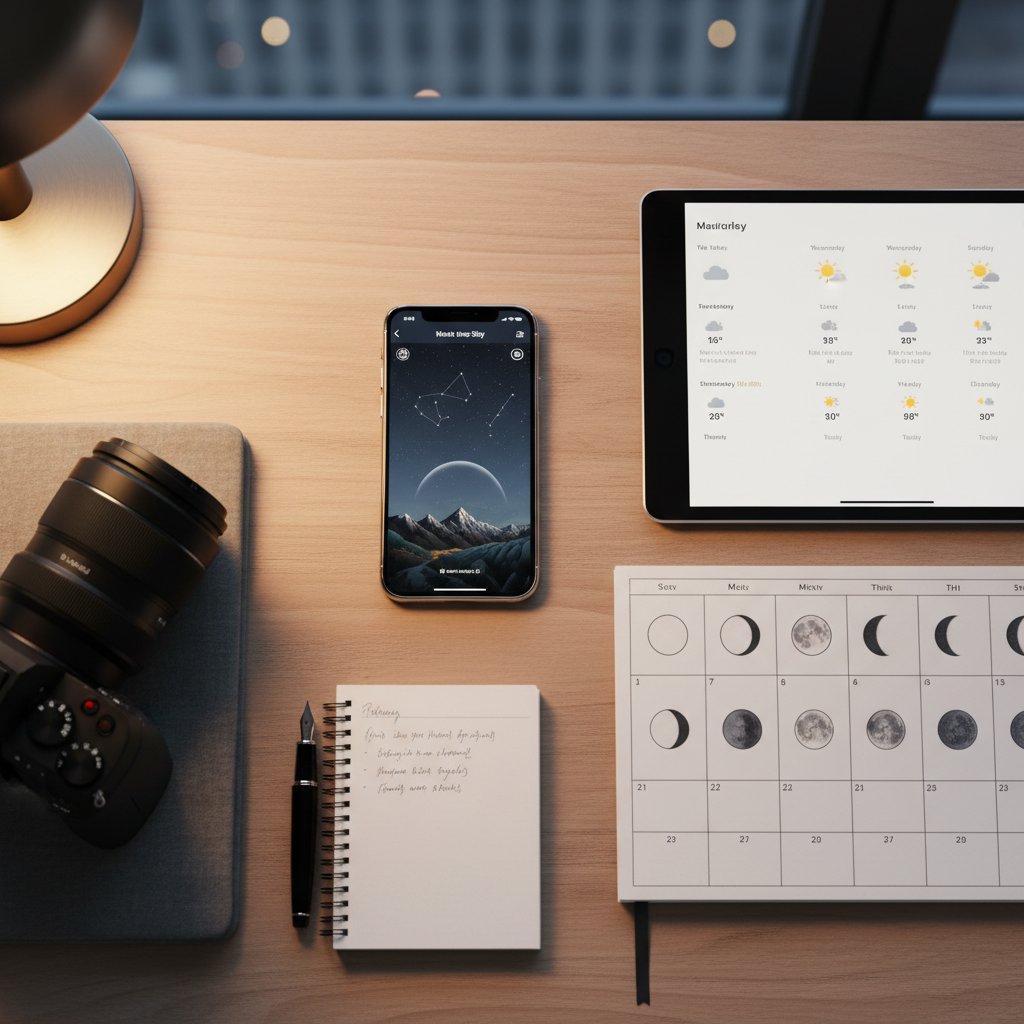 Dark-sky map planning for astrophotography travel spots with weather and moon apps