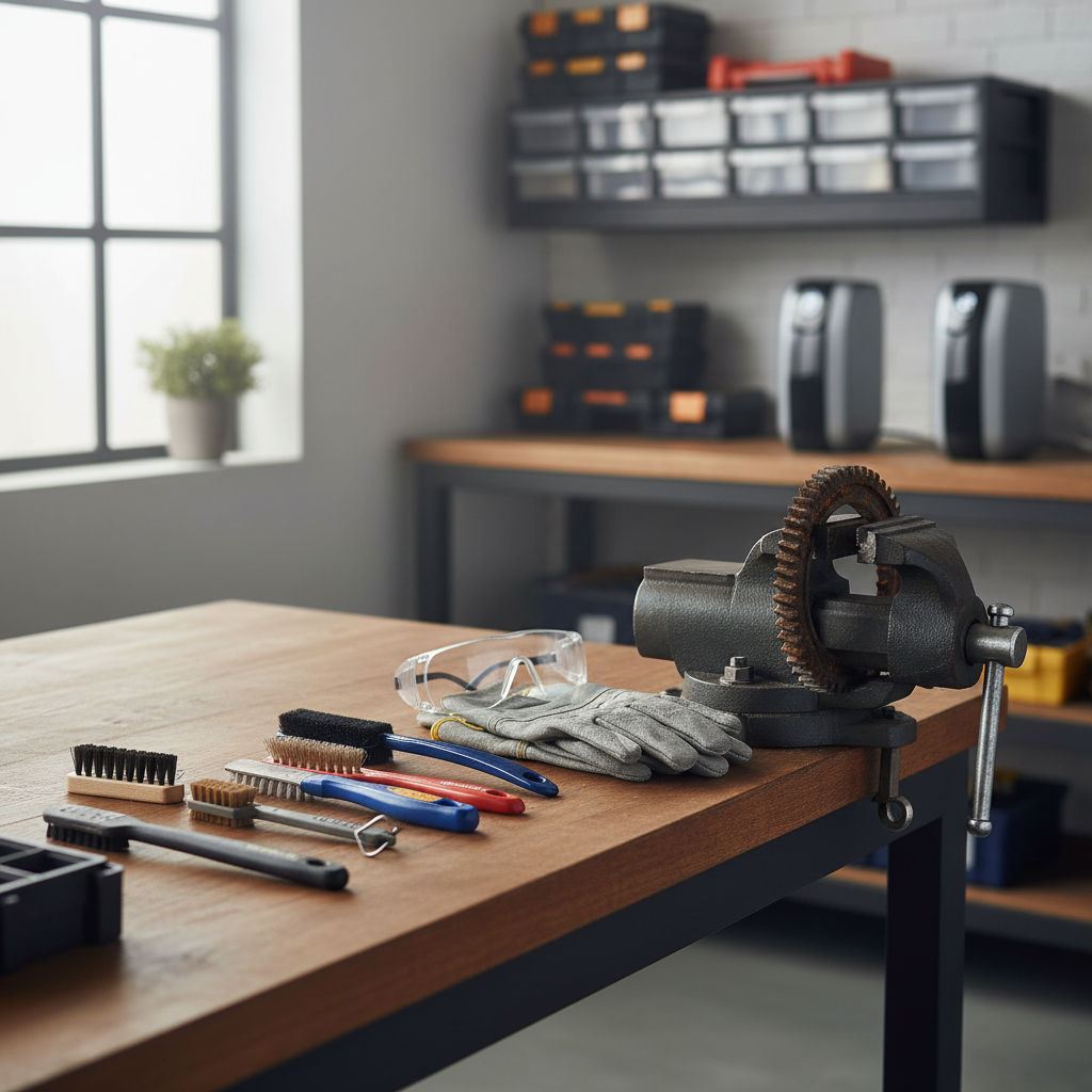 Safe rust removal setup with wire brushes, gloves, and safety glasses on a workbench