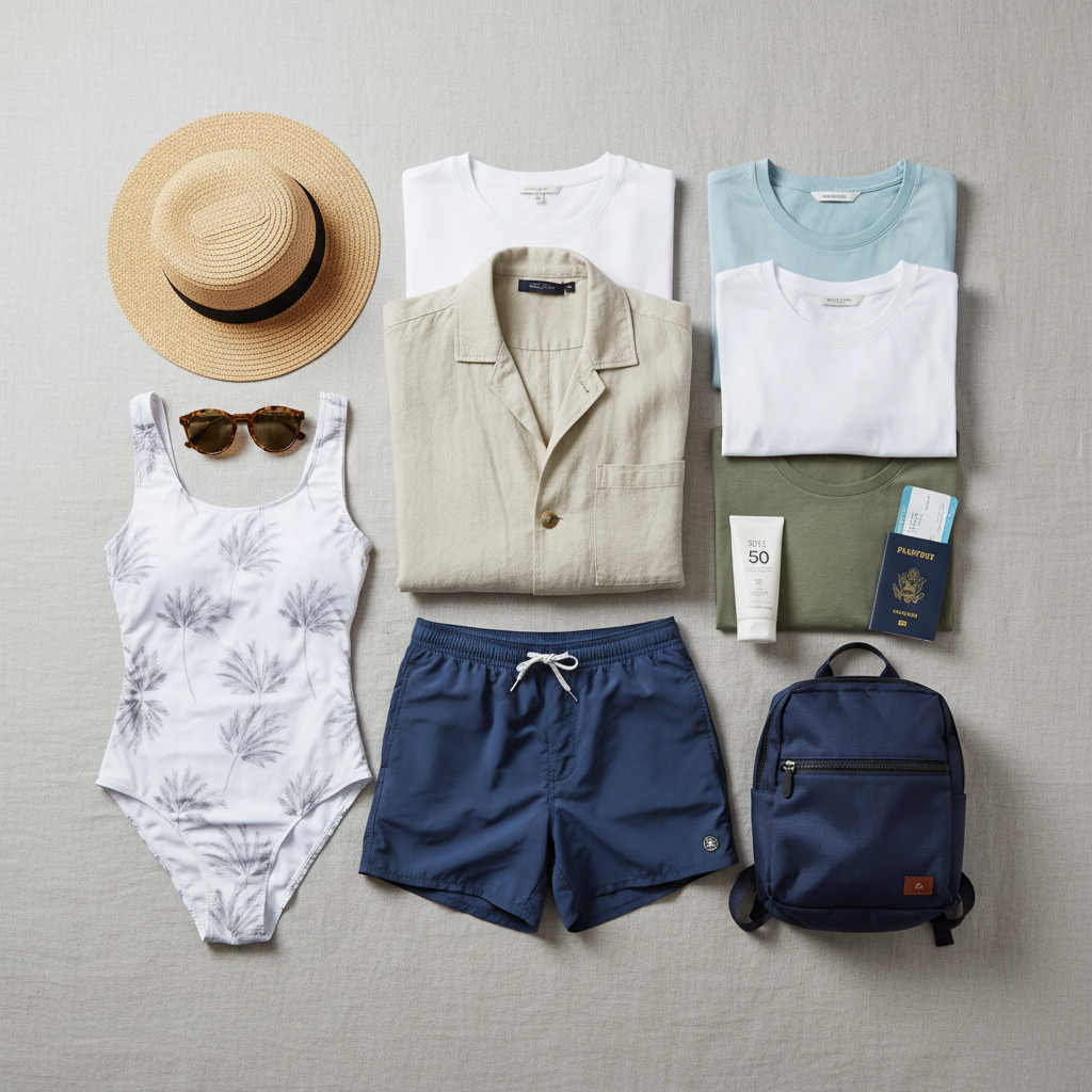 Winter vacation packing essentials for subtropical climates including light layers and sun protection