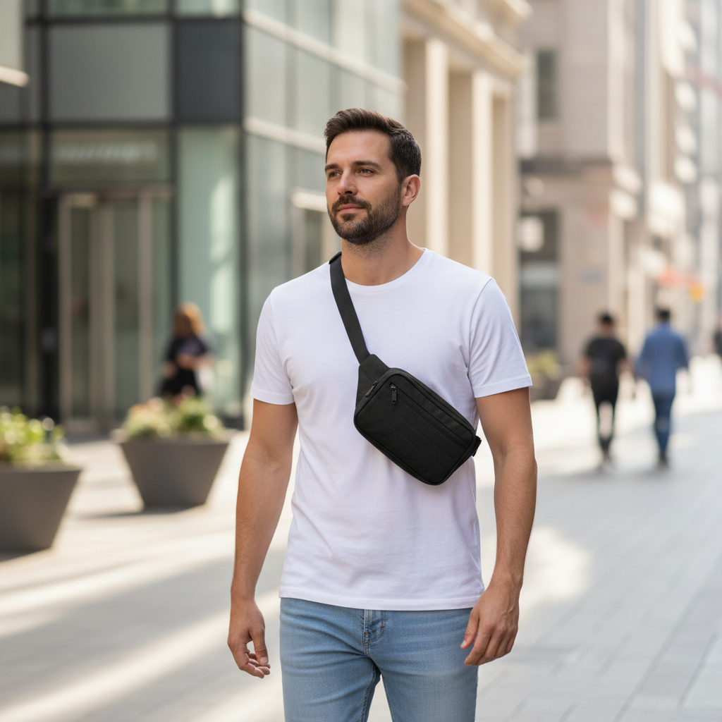 Casual men wearing a waist bag crossbody with jeans and a tee