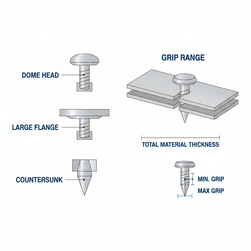 Blind rivet head styles and grip range diagram for metal joints