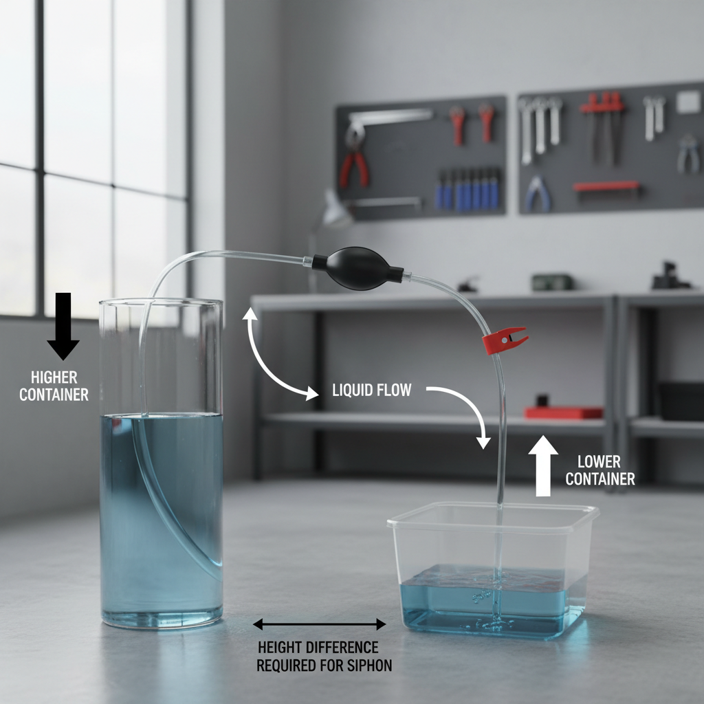 Safe siphon pump liquid transfer technique showing outlet lower than source and a shutoff clamp