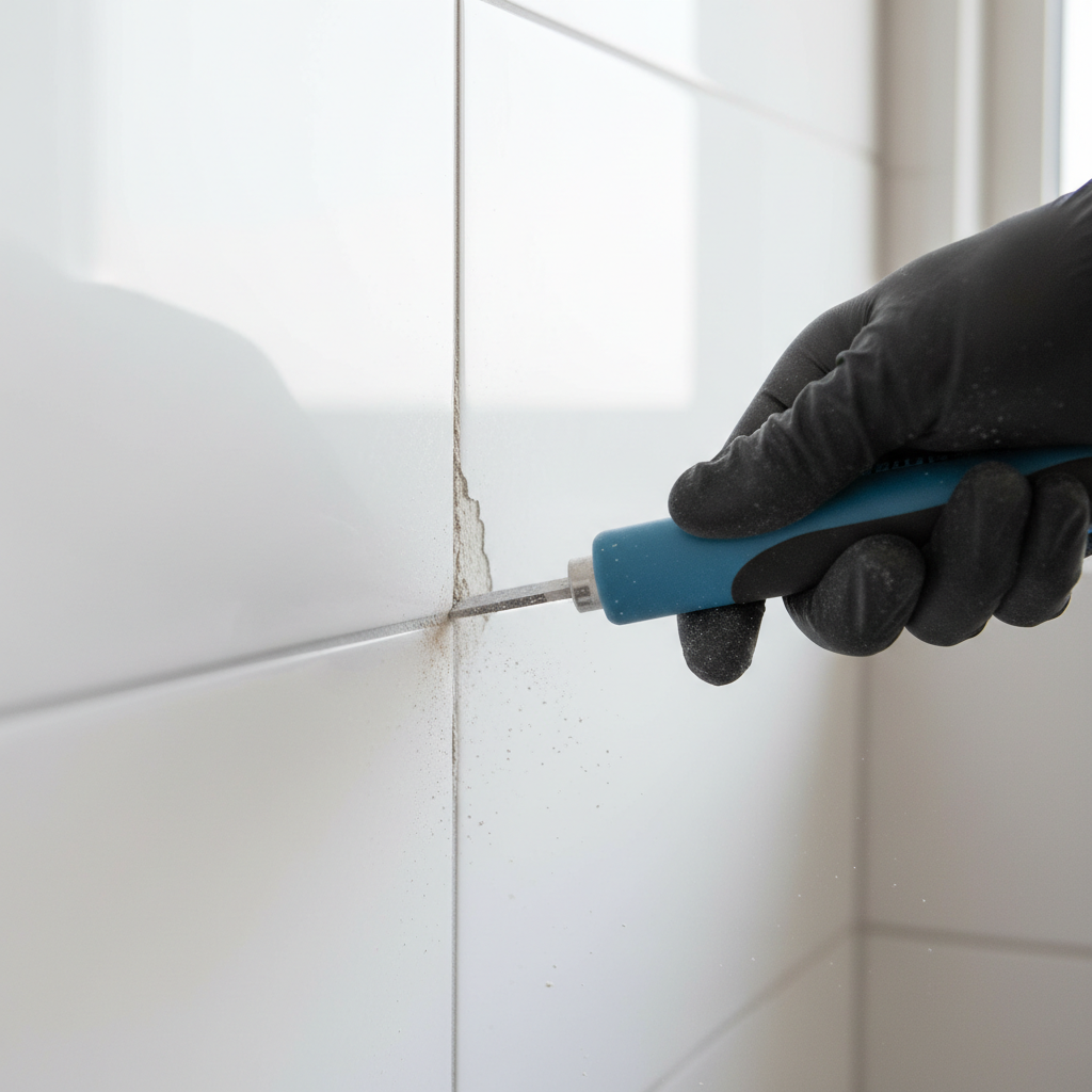 Small grout removal tool working in tight tile corner joint