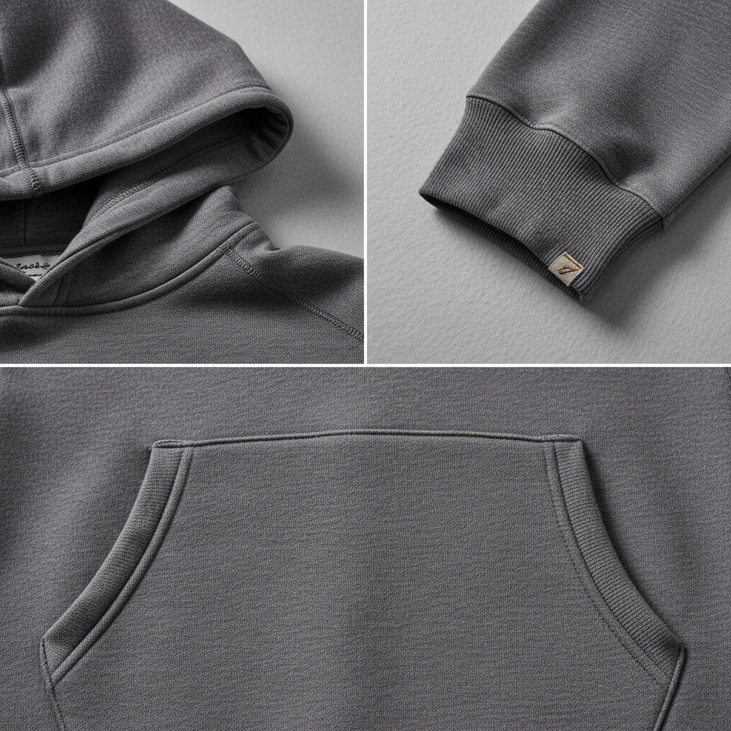 Hoodie construction details: hood seam, ribbing cuffs, and stitching