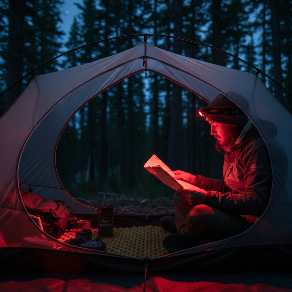 Camper using a headlamp with red light mode inside a tent at night