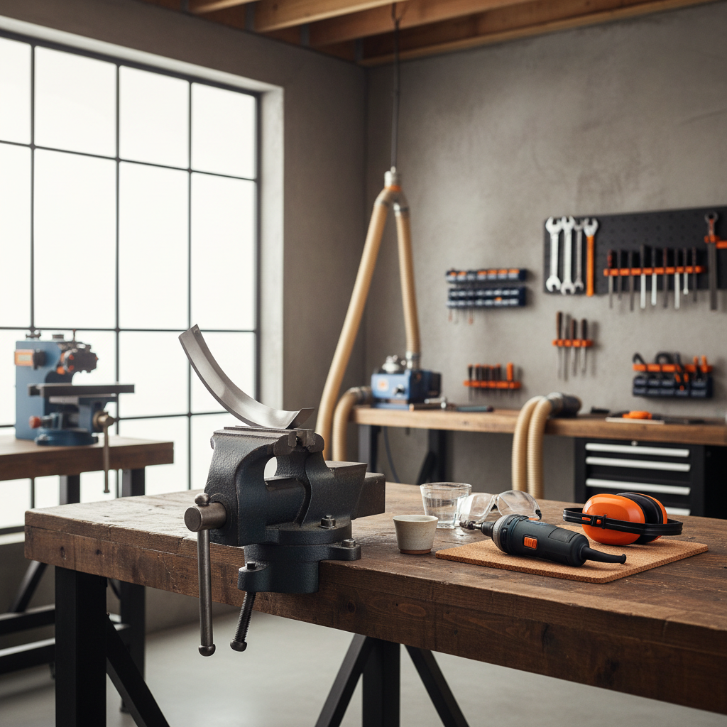 Safe rotary tool sharpening setup with clamp, eye protection, and water cup for cooling