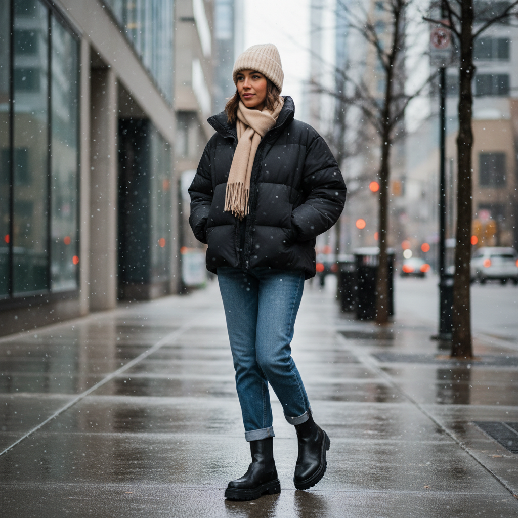 Beanie hat winter style with puffer jacket and straight-leg jeans