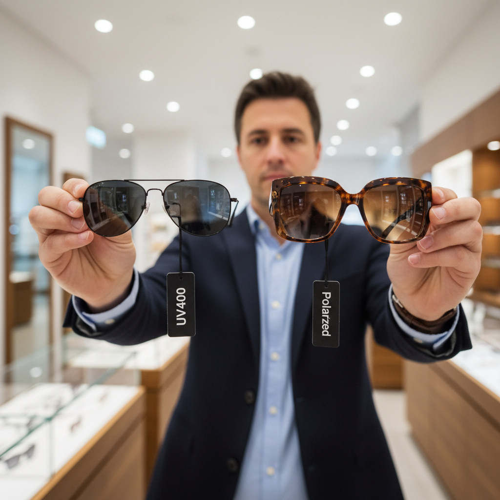Man choosing sunglasses in a store comparing UV400 and polarized labels
