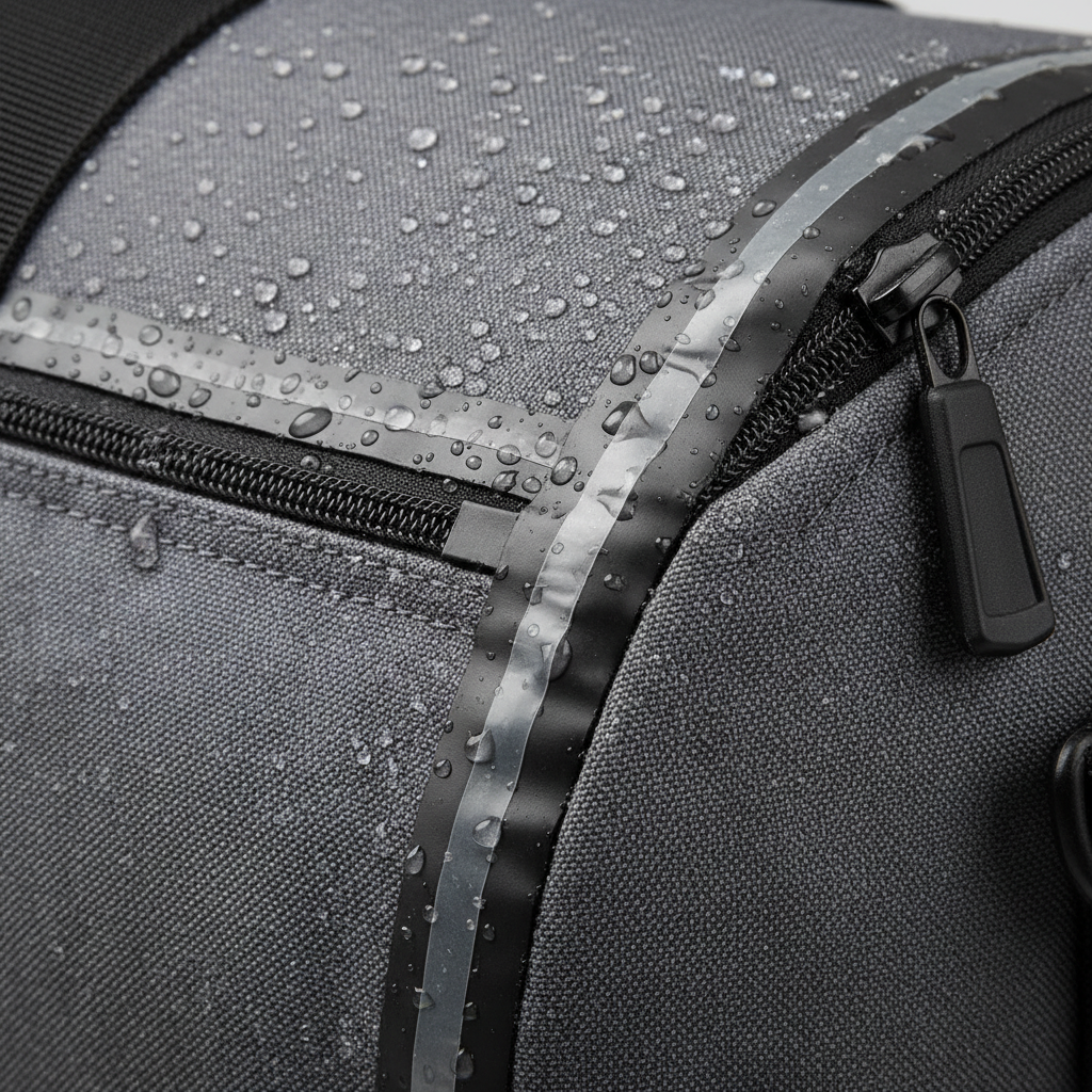 Close-up of waterproof duffel bag zipper and seam sealing