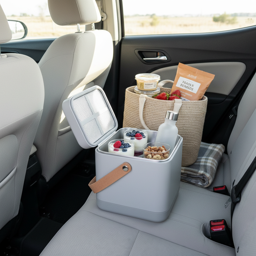 Healthy road trip snacks packed in a small cooler and tote bag