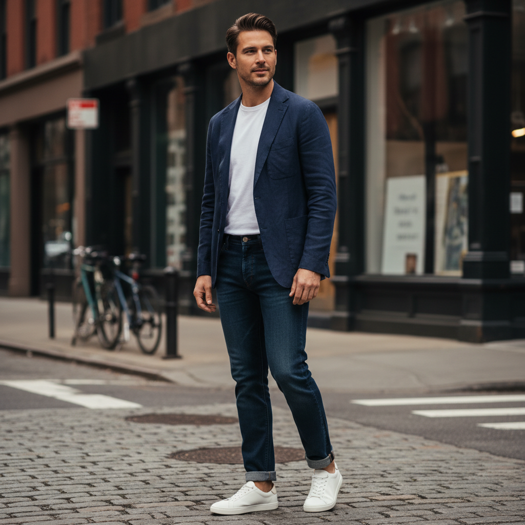 Modern men outfit formula with blazer, t-shirt, dark jeans, and white sneakers