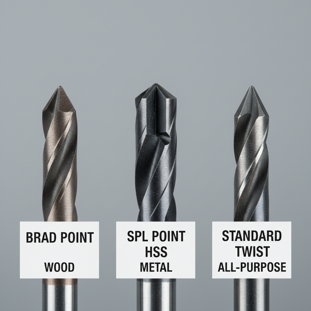 Close-up of drill bit tip shapes for wood and metal comparison
