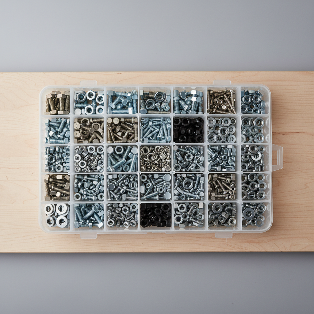 Assorted bolts, nuts, and washers in an organized compartment case