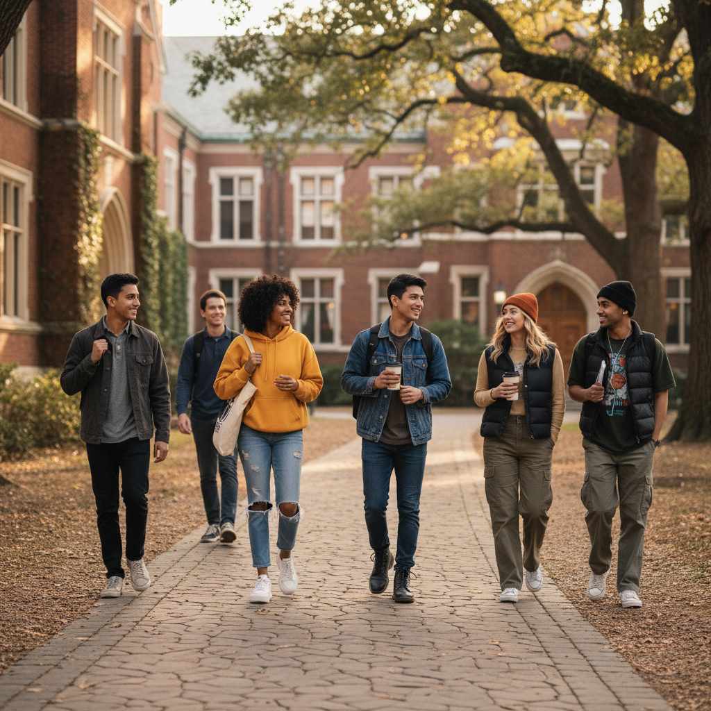 Students wearing casual campus outfits walking between college buildings