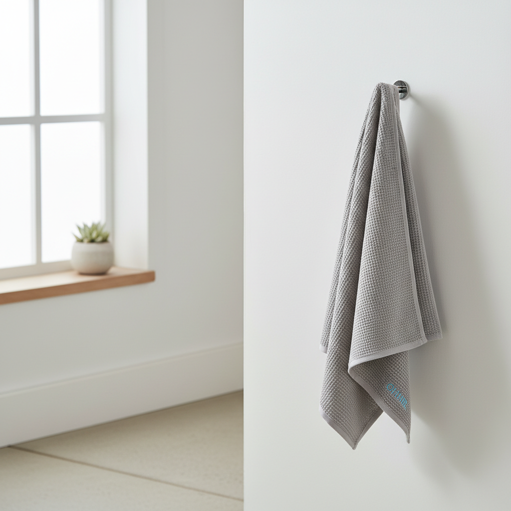 Quick dry travel towel hanging to air dry in a bright bathroom