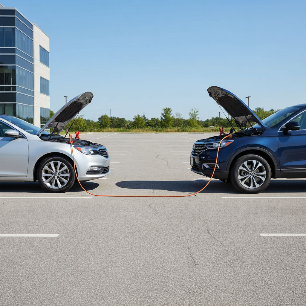 Two vehicles positioned for jump start with 16-foot heavy duty jumper cables