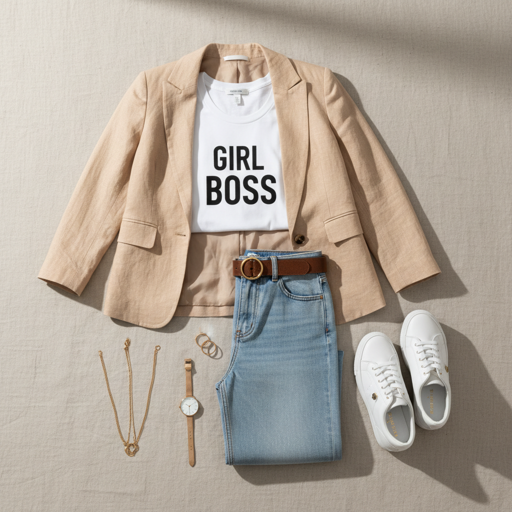 Flat lay of slogan tee styling pieces: denim, blazer, belt, sneakers