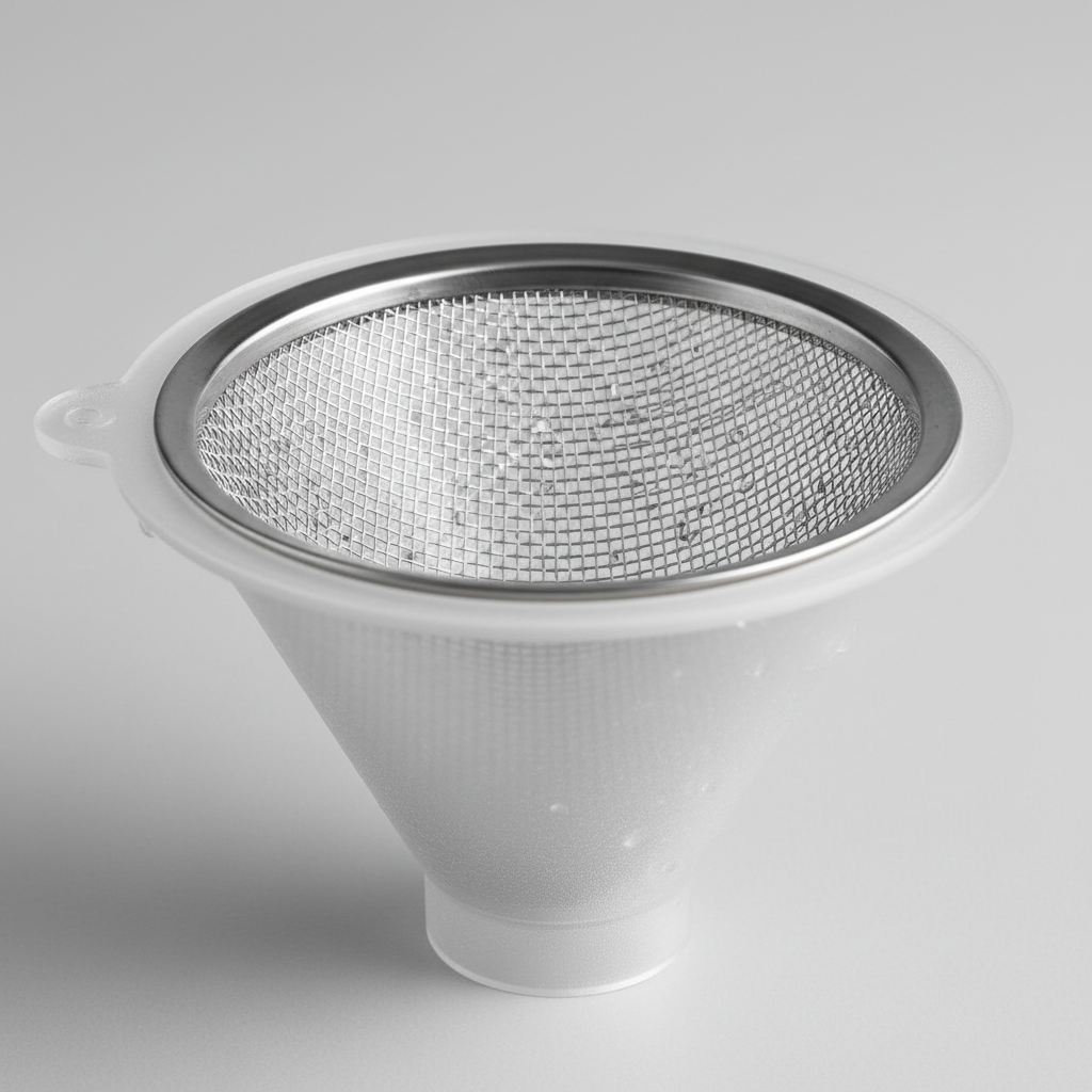 Close-up of removable stainless filter screen inside a funnel spout