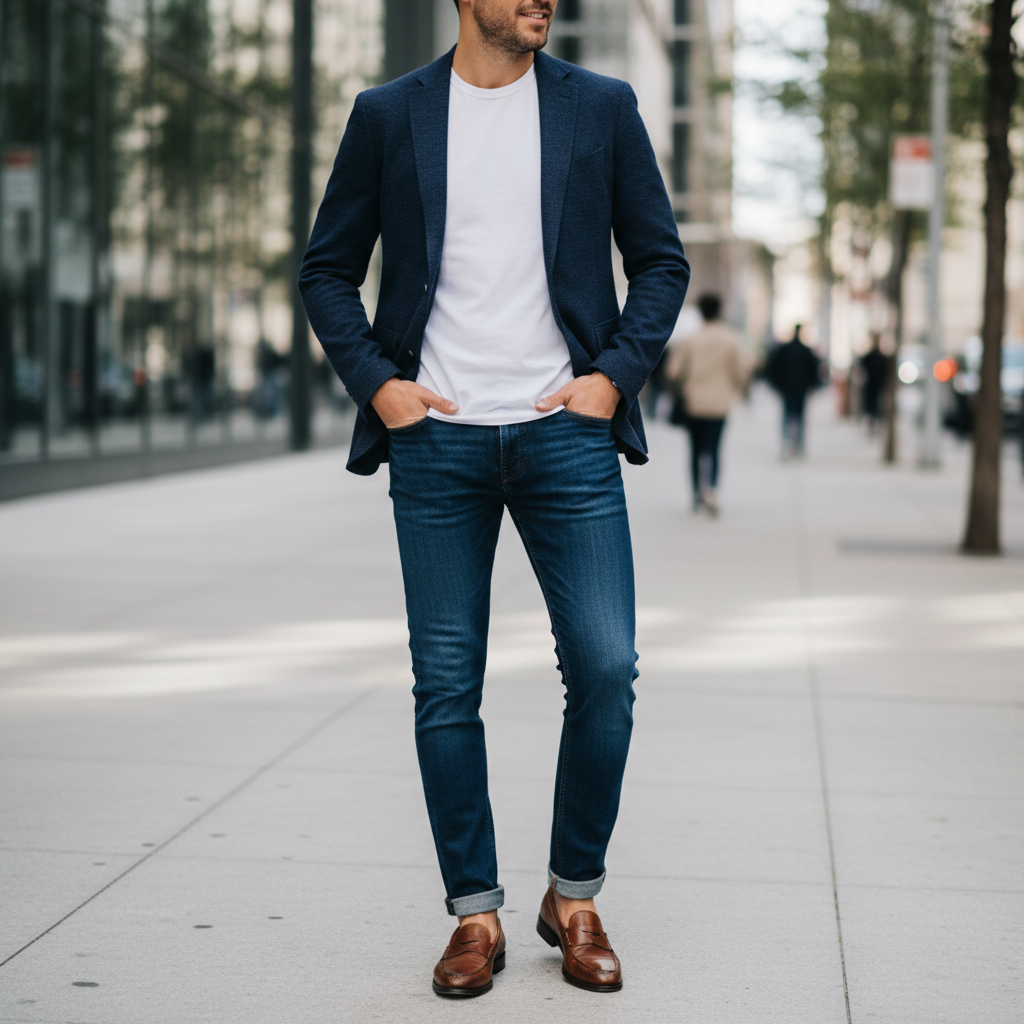 Men wearing brown leather loafers with casual smart outfit