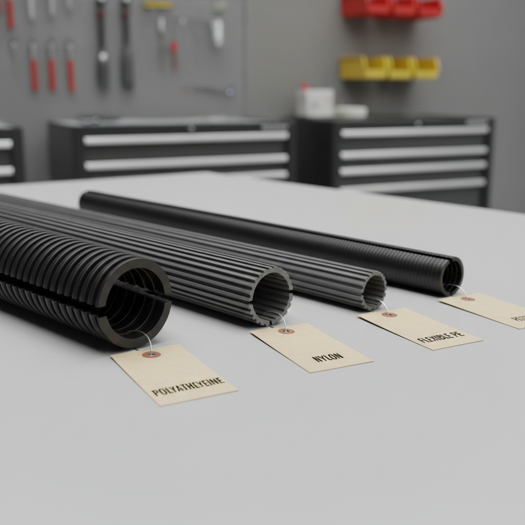 Comparison of wire loom tubing materials and textures on a workshop table