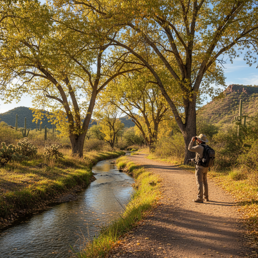 Birding trail along a riparian corridor in southeast Arizona with cottonwoods and desert hills
