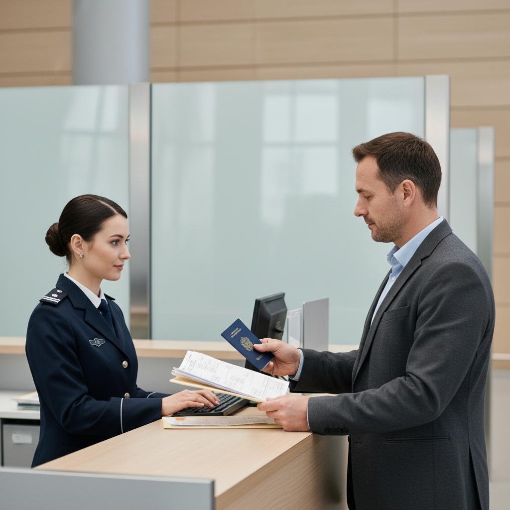Customs officer counter interaction with traveler presenting receipts and items