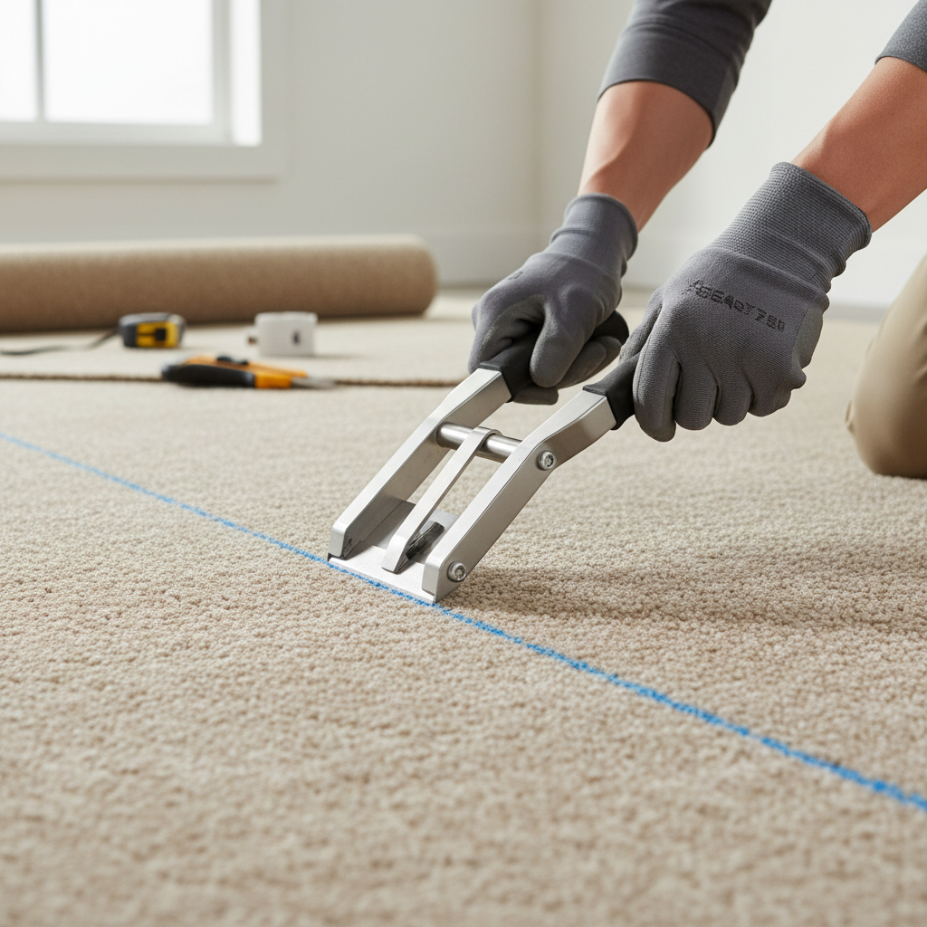 Straight carpet cutting tool making a clean cut along a chalk line during installation