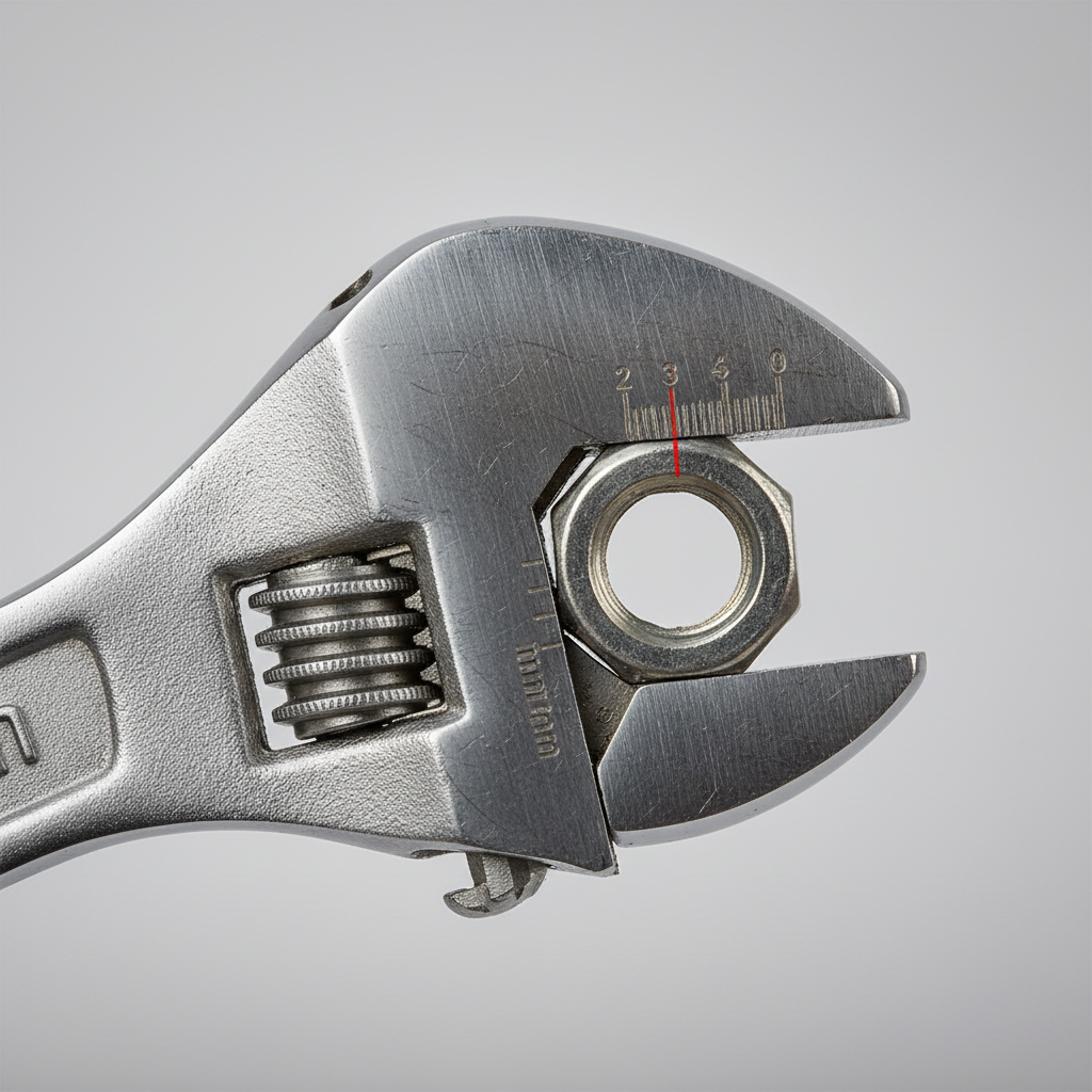 Close-up of adjustable wrench jaw alignment and measurement scale