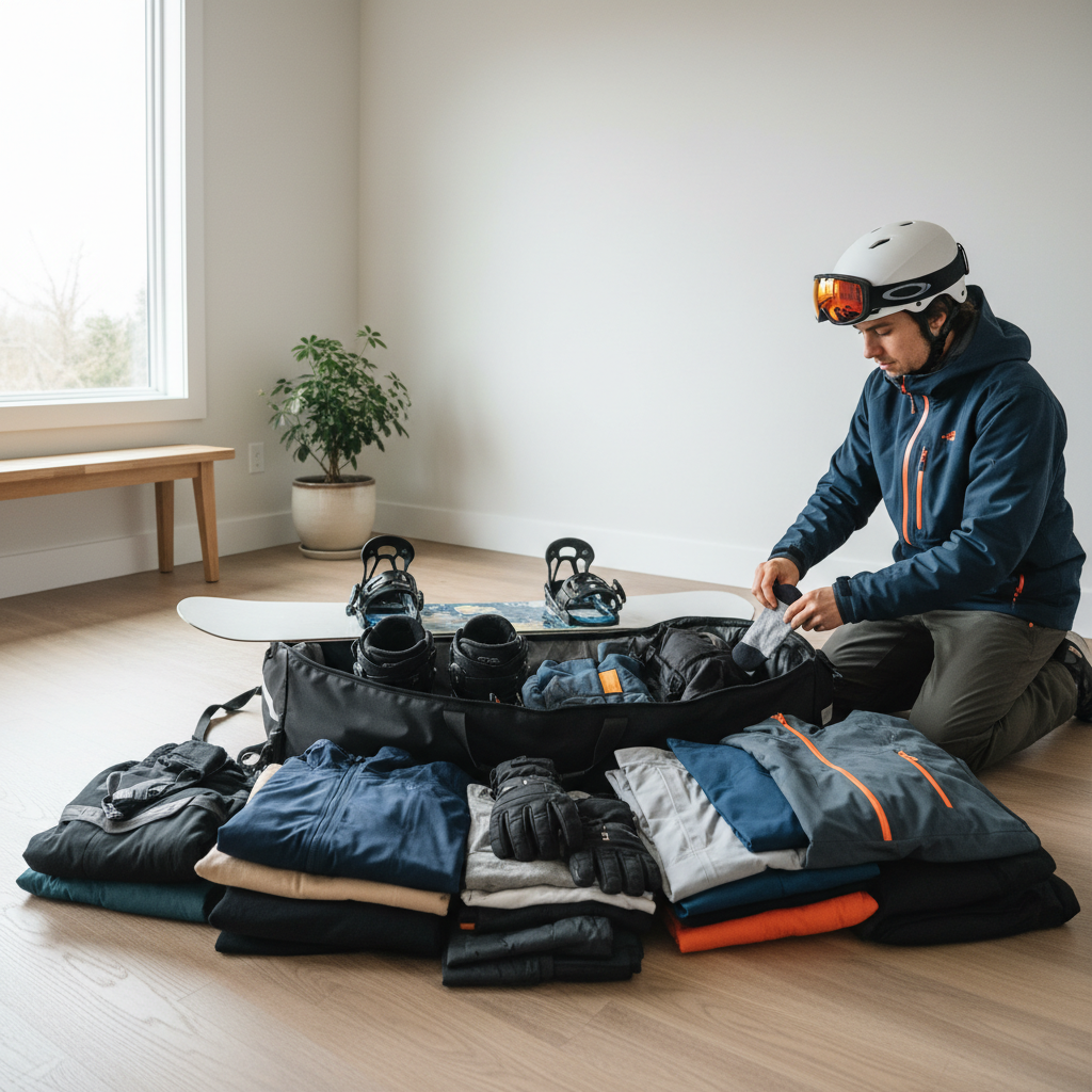 Beginner snowboard traveler packing a snowboard bag and winter gear at home