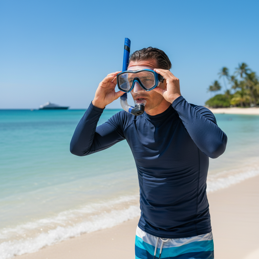 Person adjusting snorkel mask seal and strap for a leak-free fit