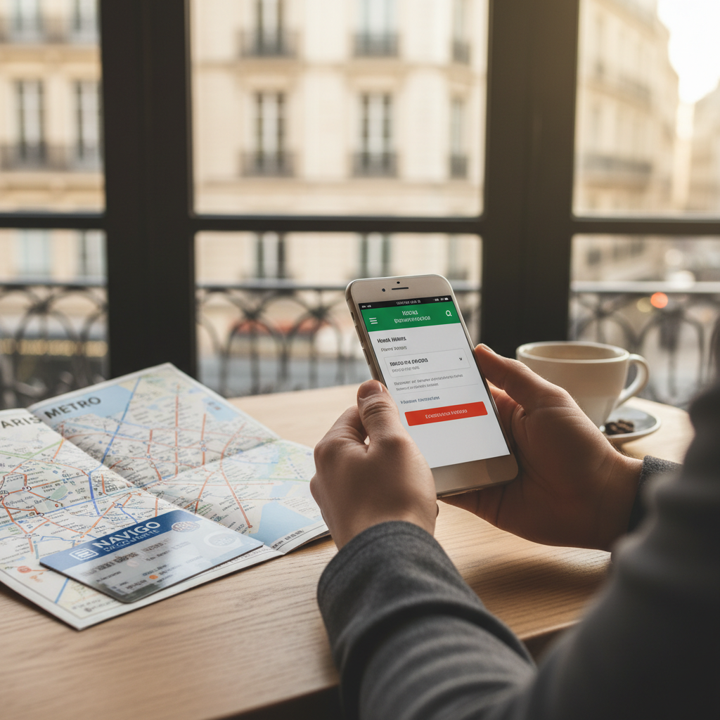 Traveler comparing hotel and public transit options on a phone and map