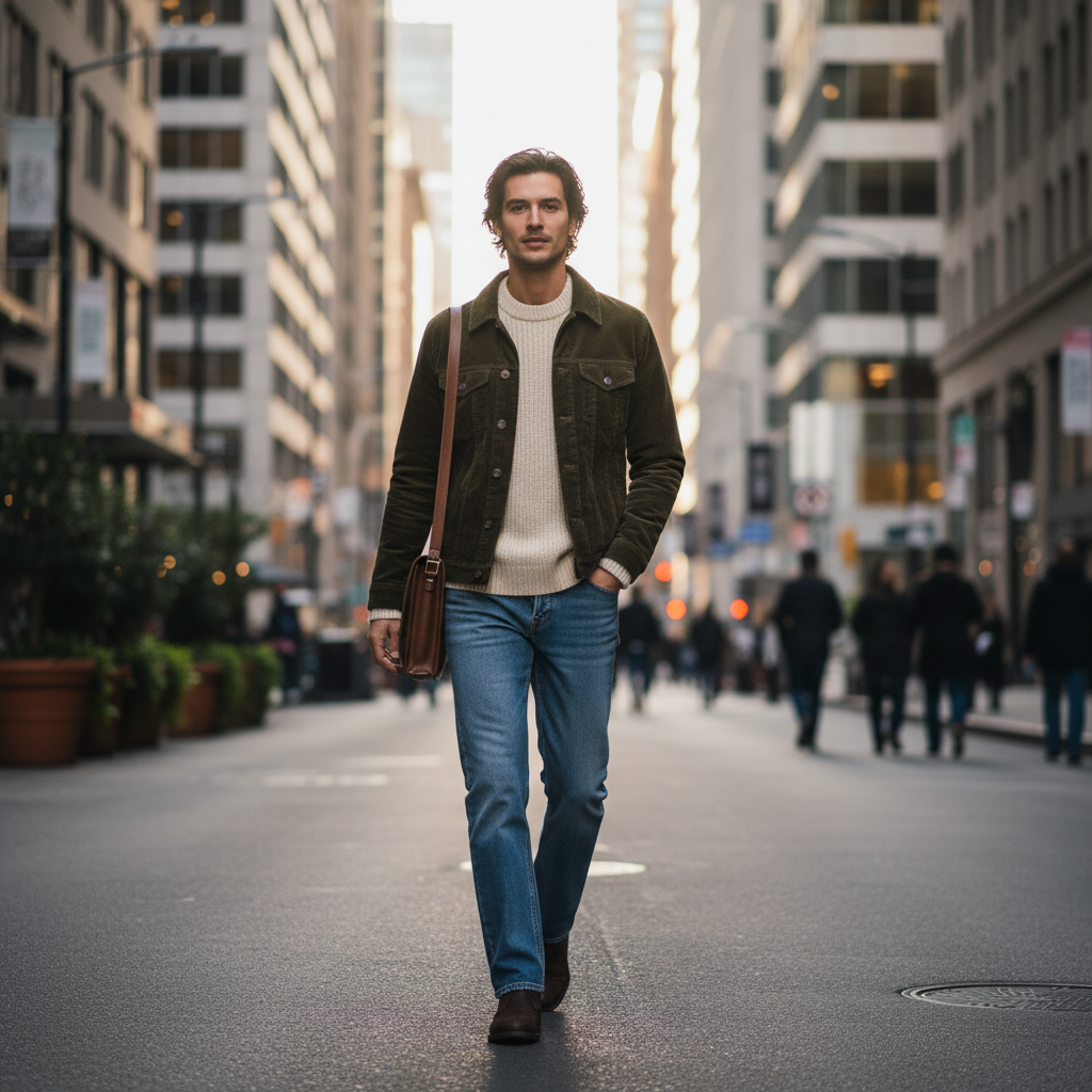 Modern vintage corduroy jacket outfit on city street