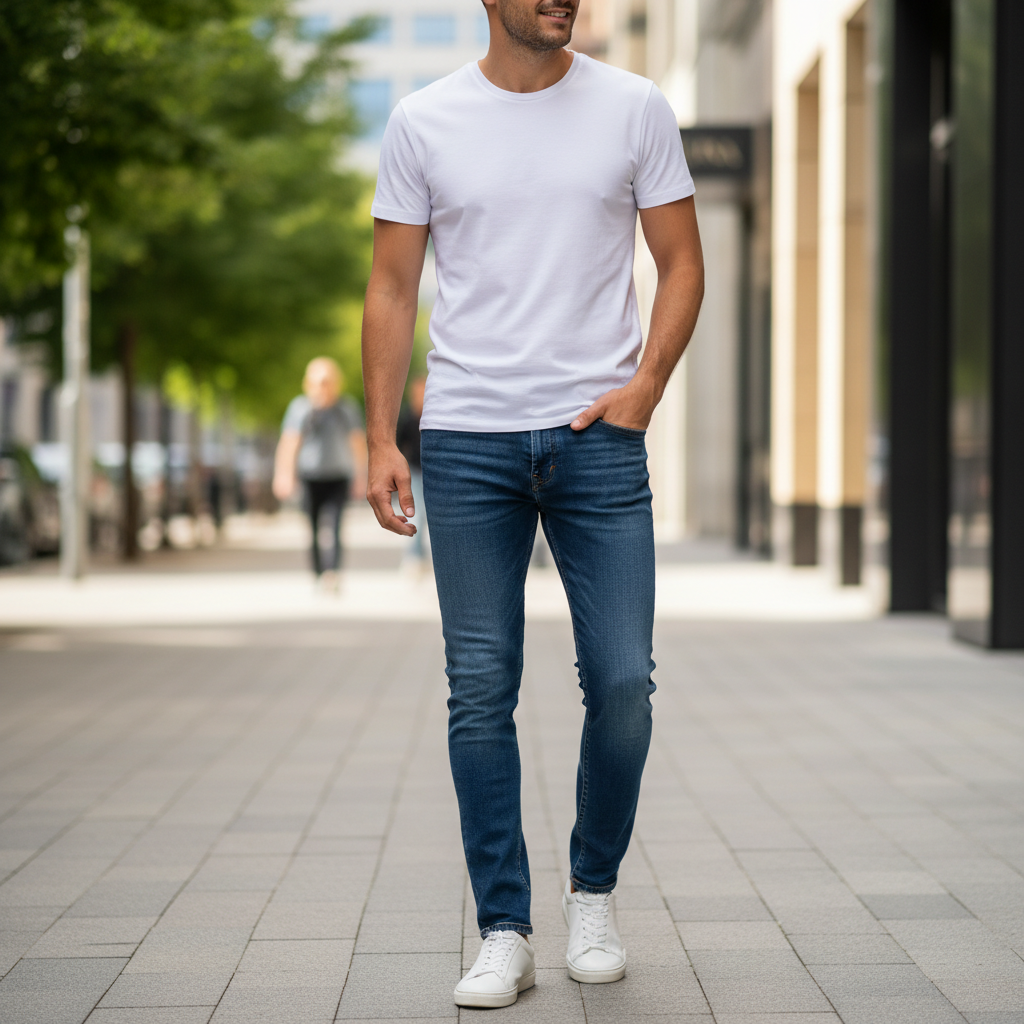 Slim fit jeans casual outfit with sneakers and T-shirt