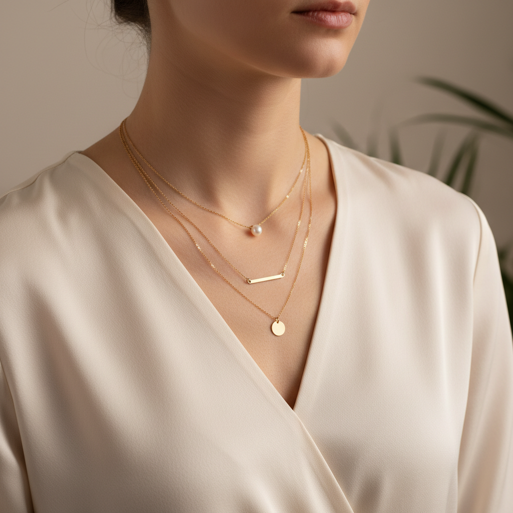 Minimal layered necklaces styled with V-neck blouse for a clean look