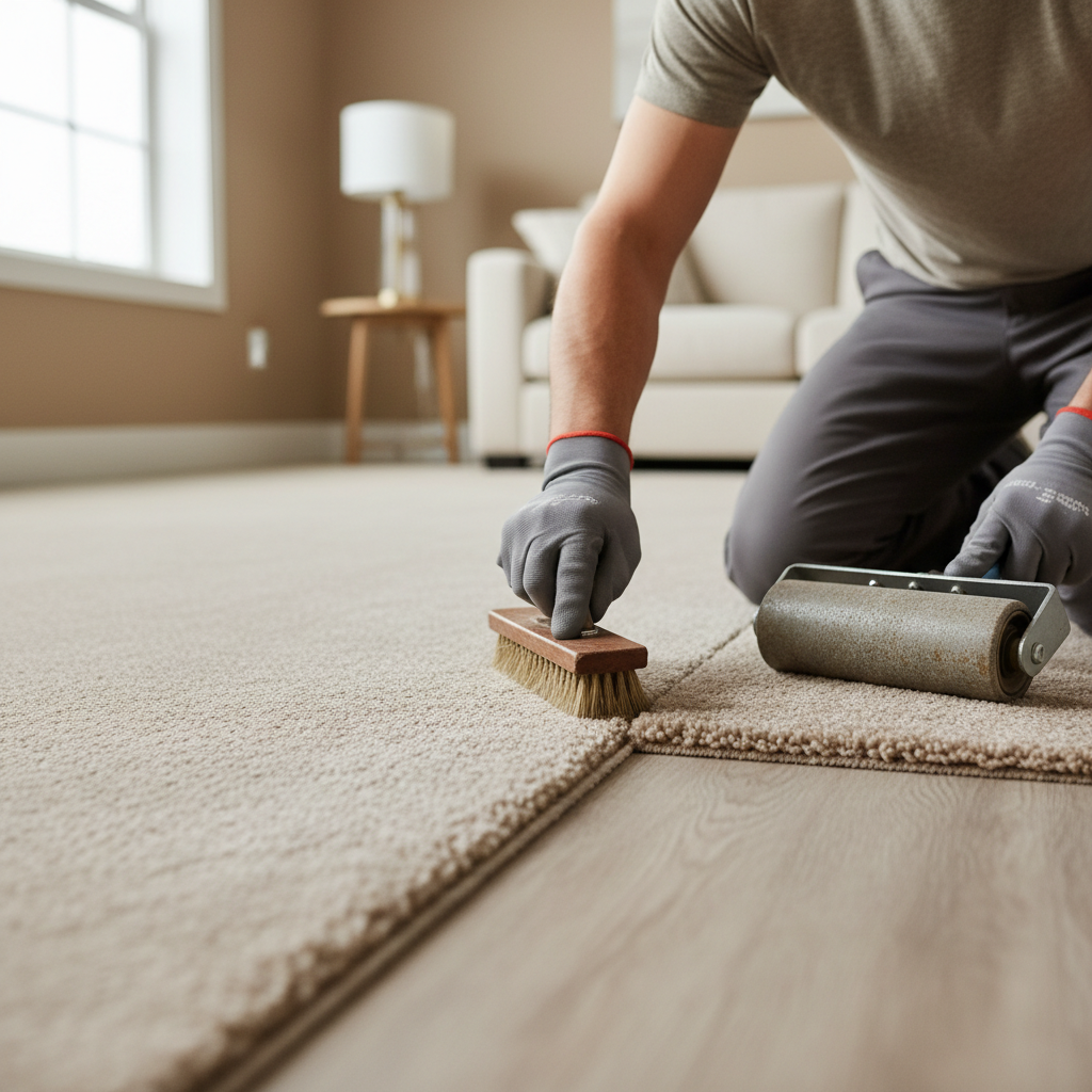 Blending carpet fibers after rolling a seam for a hidden finish