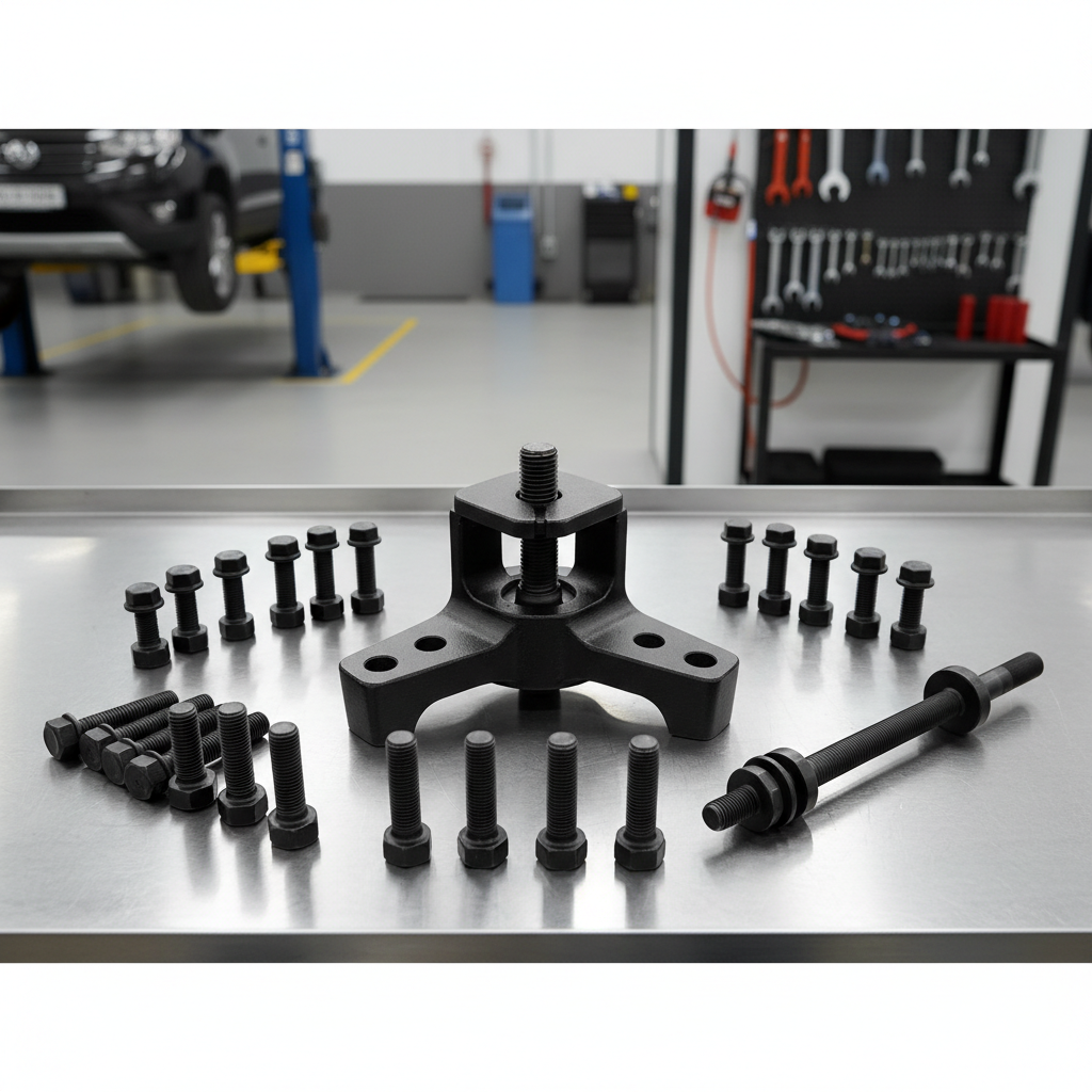 Harmonic balancer puller kit components laid out on workbench