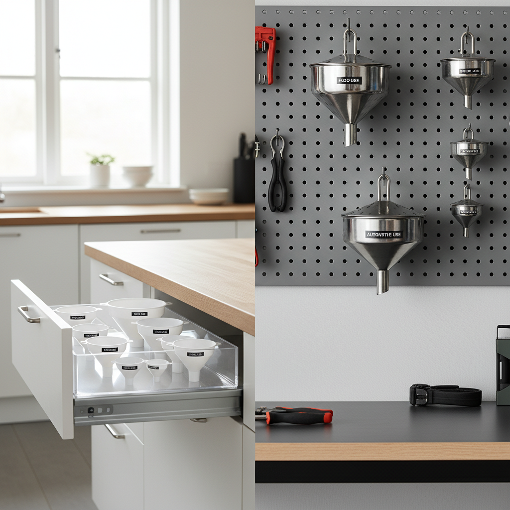 Organized funnels labeled for food and automotive use to prevent cross-contamination