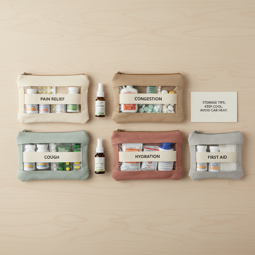 Organized travel medicine kit with labeled sections and temperature-safe storage tips