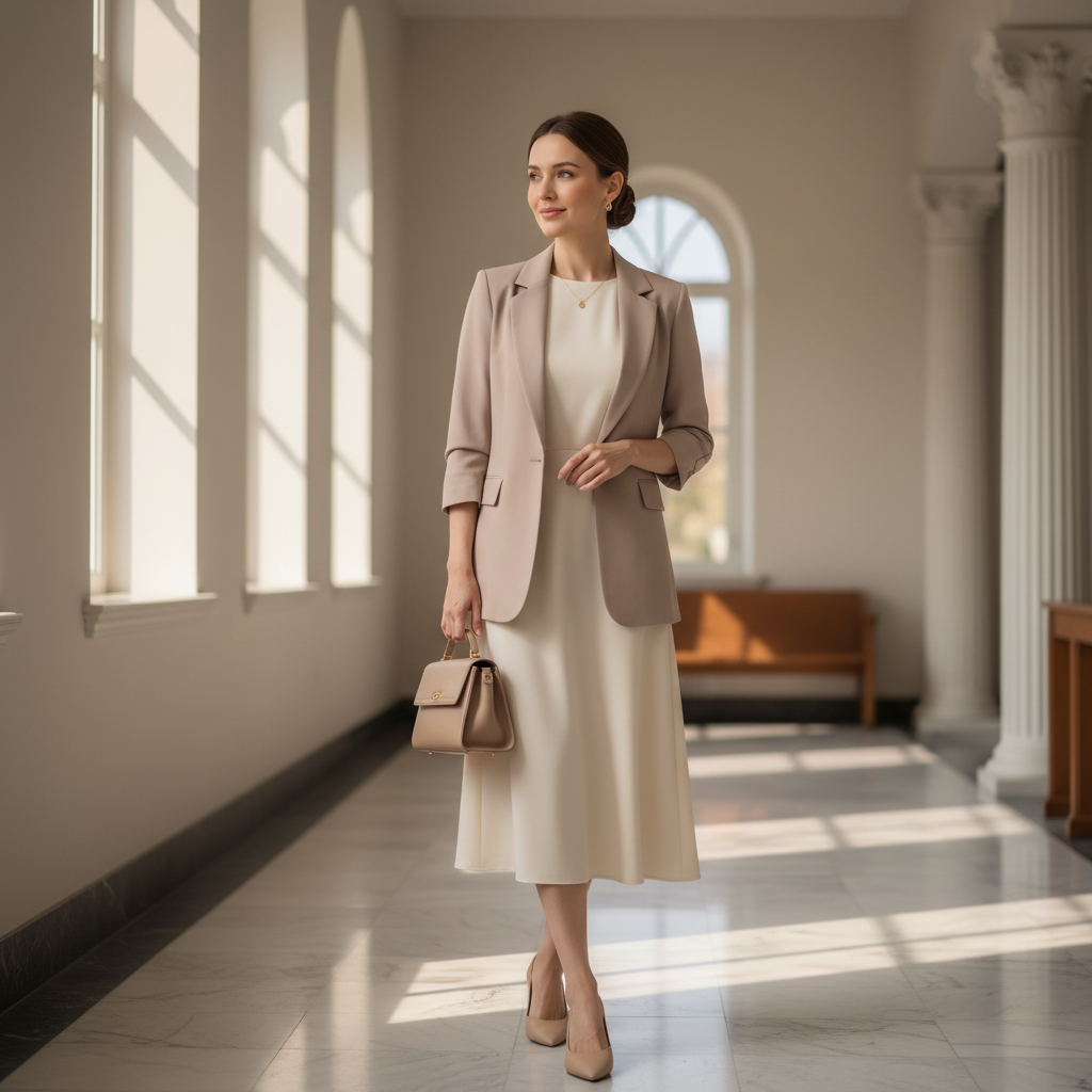 Modest elegant church outfit inspiration for women in a bright church hallway