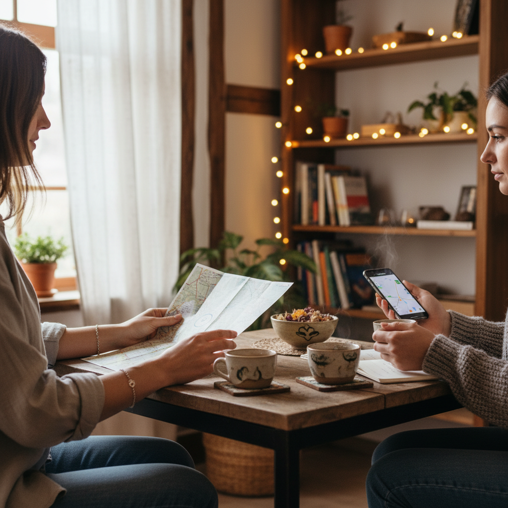 Guest and host planning a local market visit with a paper map and tea