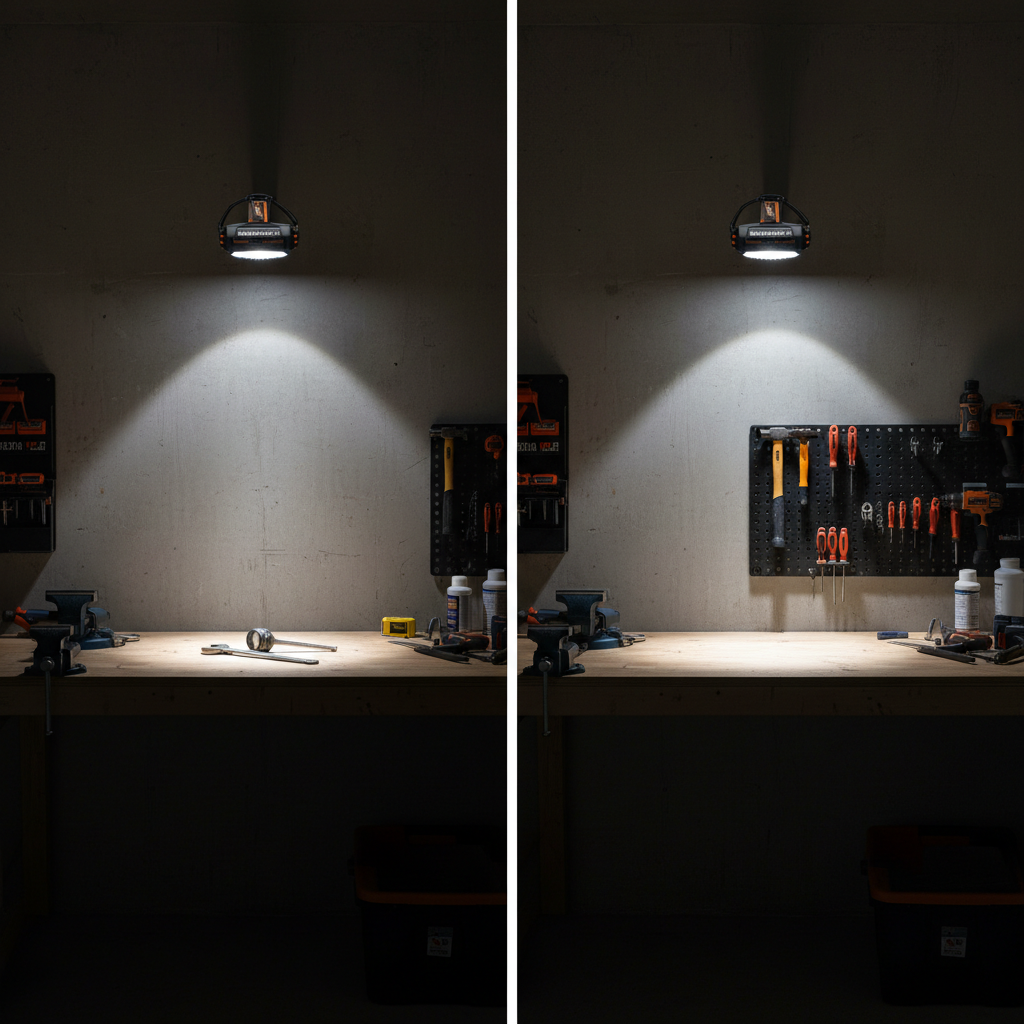 Comparison of spot beam vs flood beam from a work headlamp on a garage workbench