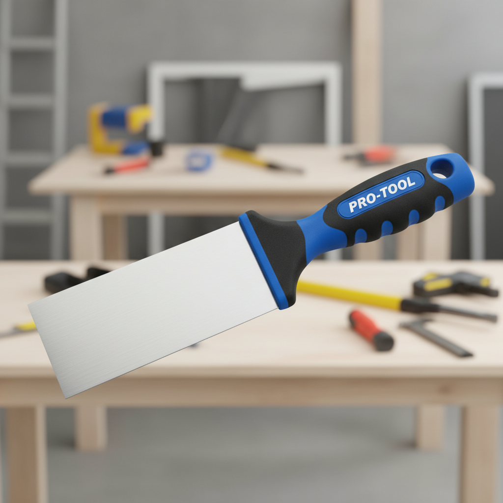 Close-up of a drywall taping knife blade edge showing clean stainless finish and comfortable handle