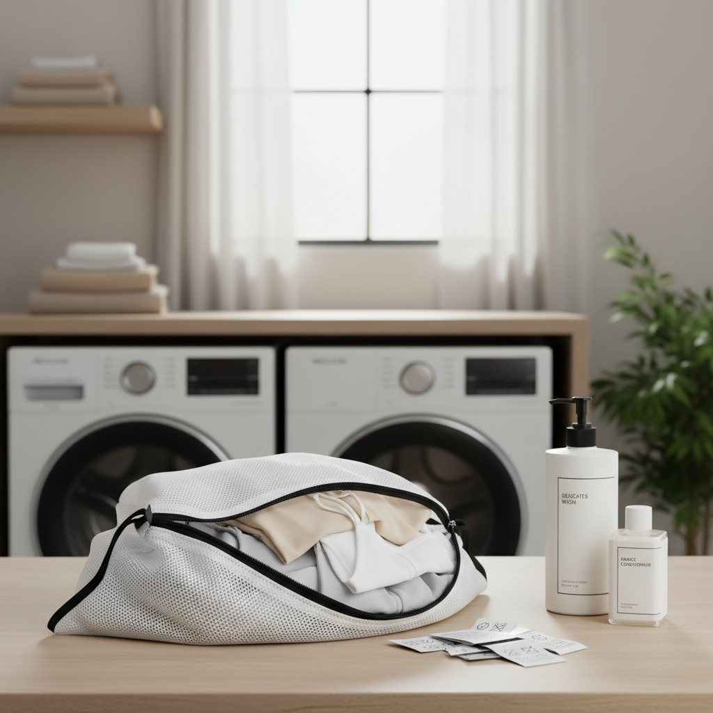 Laundry care for cami tops using a mesh wash bag and low heat settings